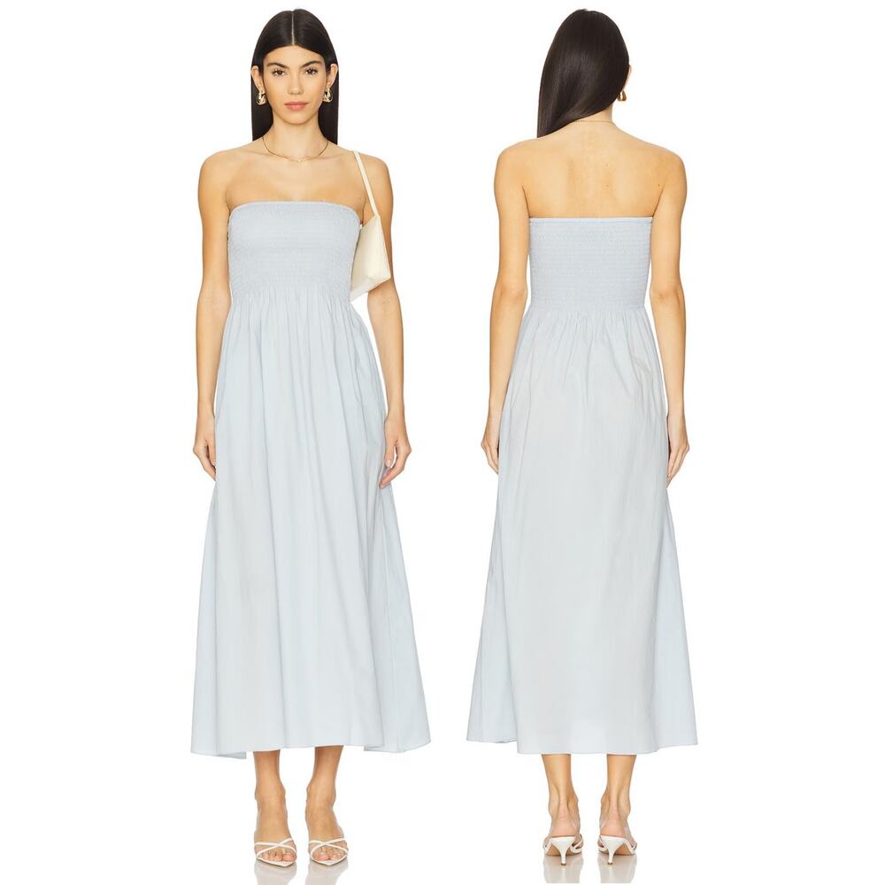 Faithfull The Brand Madella Midi Dress Smocked Strapless Coastal Summer Party 2